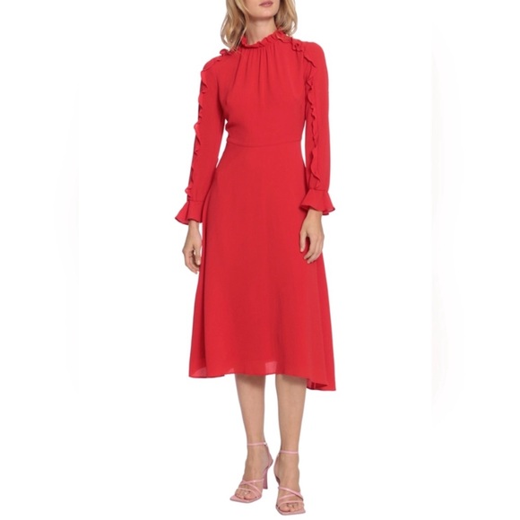 Donna Morgan Dresses & Skirts - Donna Morgan Ruffle Long Sleeve A-line Midi Dress, Red, 14.